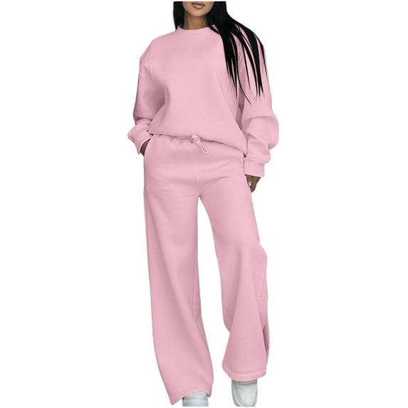 Hogleaql Womens Plus Size Sweatsuits Sets Long Sleeve Lounge Drawstring Sweatshirt Wide Leg Sweatpants Solid Color Loose Outfits Fashion Winter Tracksuit with Pockets 2025 Fluorescent Green S
