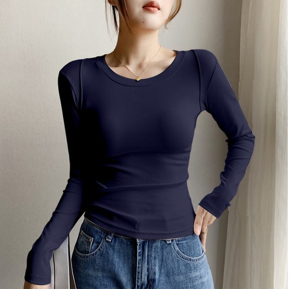 Hogleaql Womens Ribbed Slim Basic Shirts Fitted Crewneck Cozy Tops Going Out Base Layer T Shirts Solid Warm Dressy Underwear Tees Navy S