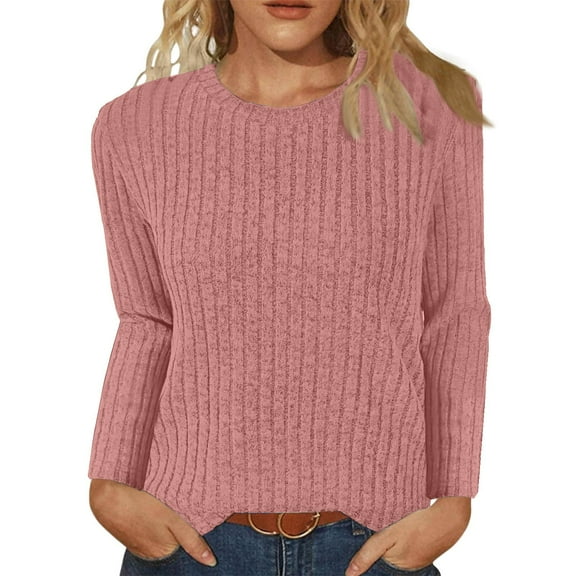 Hogleaql Womens Ribbed Tops Long Sleeve Round Neck Tunic Cozy Fall Winter Tops Solid Color Loose Fit Trendy Tees Lightweight Pullover Blouses Pink M