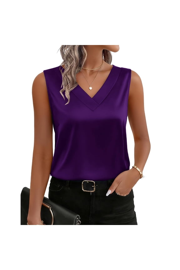 Womens Satin Tank Tops V Neck Business Work Solid Blouses Trimmed Silk Cami Sleeveless Comfy Loose Tank Shirt Purple XL