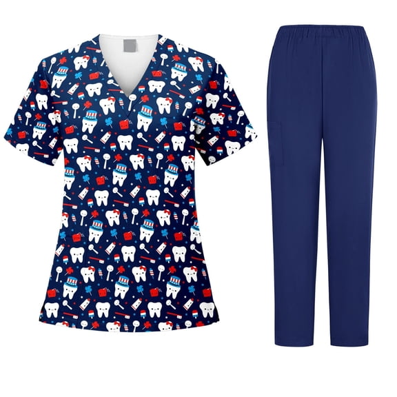 Hogleaql Womens Scrub Set Round Neck Tooth Printed Short Sleeve Jogger Suit with Multi Pockets Nurse Tops & Cargo Pant 2025 Nurse Uniform Casual Workwear Scrub Sets Navy 2XL