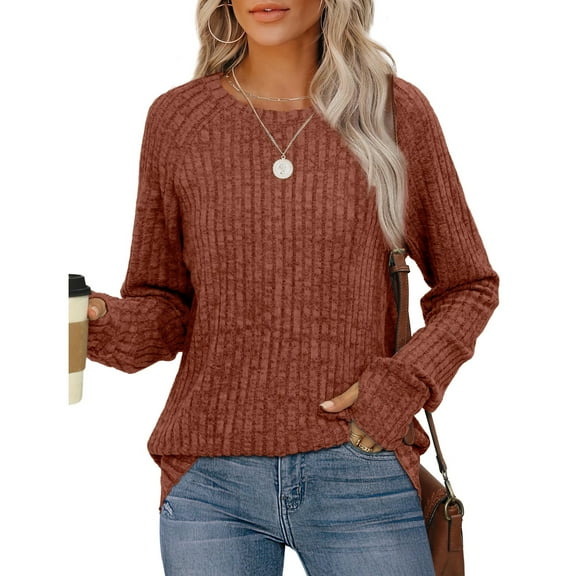 Hogleaql Womens Soft Ribbed Knit Long Sleeve Shirts Crew Neck Tunic Casual Fall Winter Tops Solid Color Loose Fashion T-Shirts Lightweight Pullover Blouses Orange XL