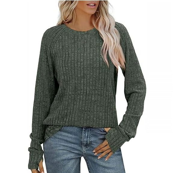 Hogleaql Womens Soft Ribbed Knit Long Sleeve Shirts Round Neck Tunic Cozy Fall Winter Tops Solid Color Loose Fit Dressy T-Shirts Lightweight Pullover Blouses Army Green S