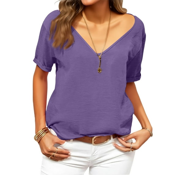 Hogleaql Womens Summer Tops Soft Short Sleeve V Neck T Shirts Dressy Solid Color Relaxed Fit Loose Outfits Purple 2XL