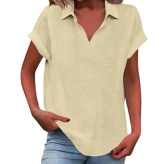 Hogleaql Womens Summer Tops V-Neck Short Sleeve Lapel Dressy Tee Shirts Casual Business Loose Fit Blouses Soft Solid Color Clothes Beige XL