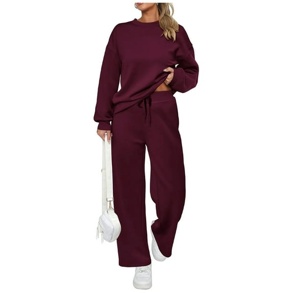Hogleaql Womens Sweatsuit 2 Piece Set Long Sleeve Lounge Drawstring Sweatshirt Wide Leg Athletic Pants Solid Color Loose Outfits Fashion Fall Winter Matching Sets with Pockets 2025 Wine 4XL