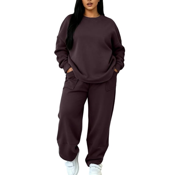 Hogleaql Womens Sweatsuit 2 Piece Set Long Sleeve Lounge Drawstring Sweatshirt Wide Leg Sweatpants Solid Color Loose Outfits Trendy Winter Matching Sets with Pockets 2025 Coffee XL