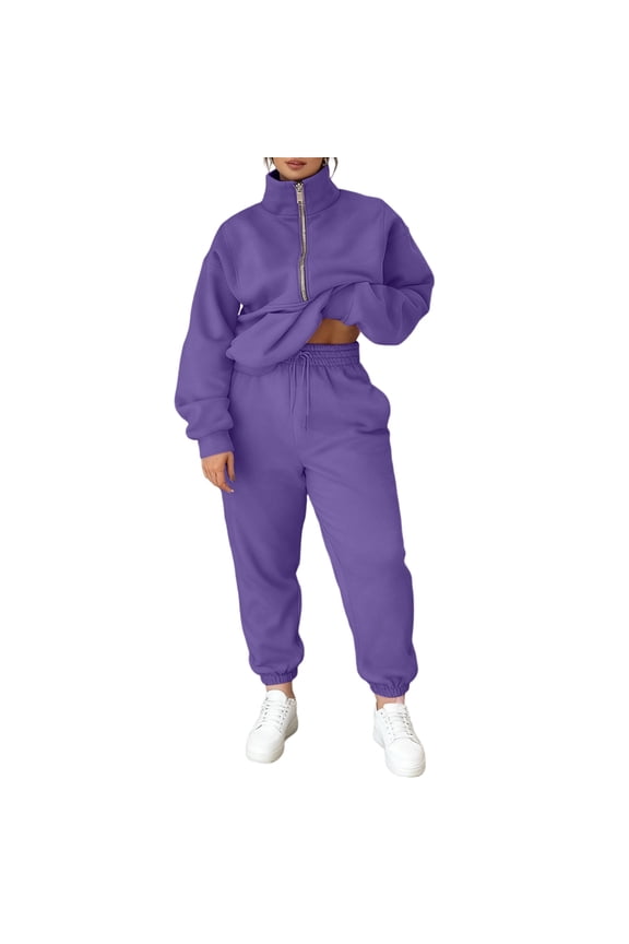 Womens Sweatsuits Sets Lounge Half Zip Long Sleeve Sweatshirt Wide Leg Sweatpants with Pockets Matching Sets Loose Solid Color Dressy 2025 Fall Winter Outfits Purple L