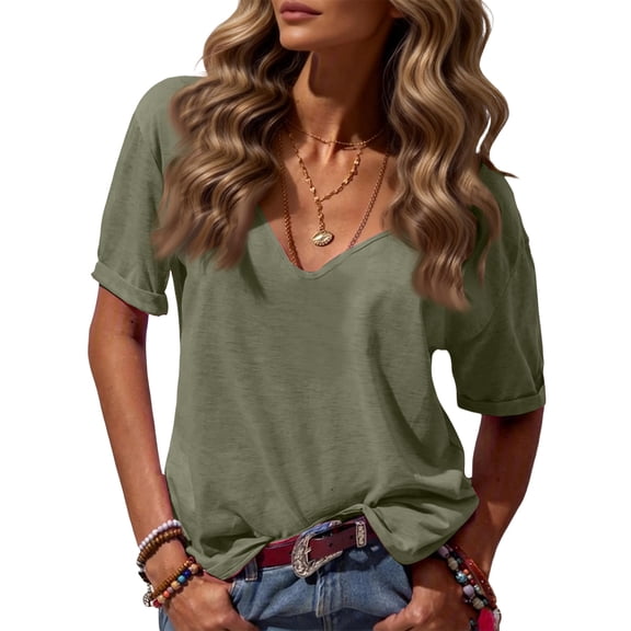 Hogleaql Womens Tops Comfy Short Sleeve V Neck Blouses Fashion Solid Casual Loose Clothing Army Green M