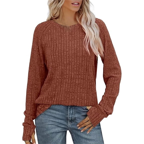 Hogleaql Womens Tops Textured Long Sleeve Crew Neck Tunic Soft 2025 Fall Tops Solid Color Loose Dressy Tees Lightweight Pullover Blouses Orange 2XL
