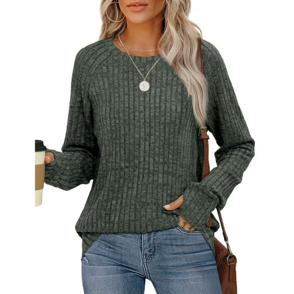 Hogleaql Womens Tops Textured Long Sleeve Crewneck Tunic Casual Fall Winter Tops Solid Color Loose Fit Dressy Tees Lightweight Pullover Blouses Army Green XL
