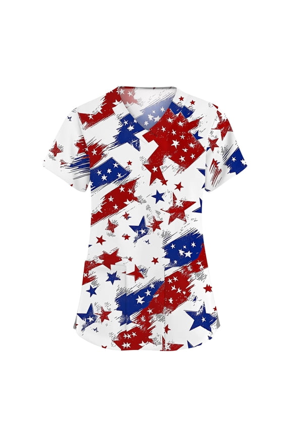 Womens USA Independence Day Scrubs Top, Plus Size Short Sleeve V-Neck Flag Graphic Working Top Pocket Comfy Workwear Scrub Tops White 4XL