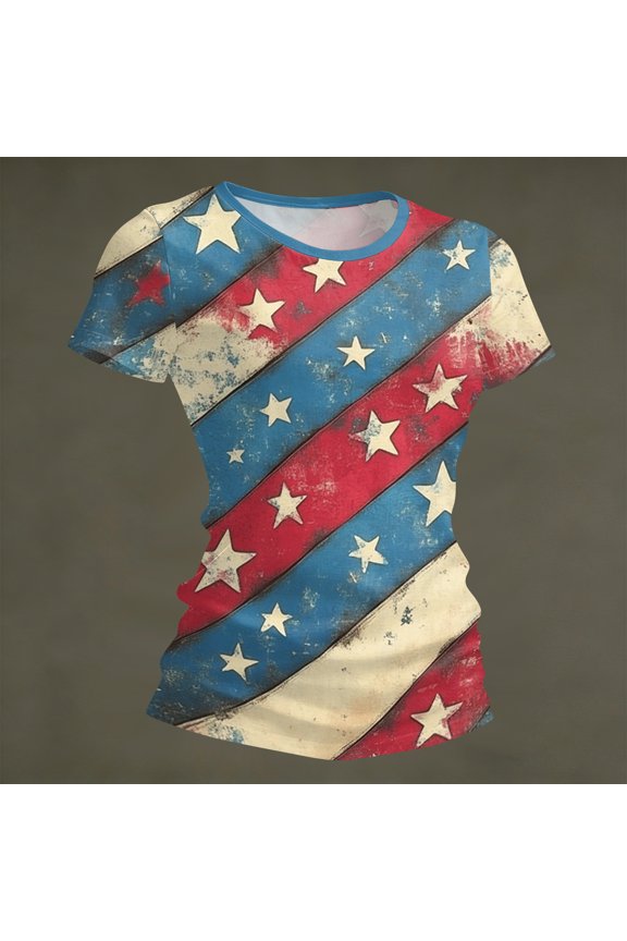 Womens Usa Flag Graphic Tshirt Crew Neck American Flag Print Short Sleeve Tops Patriotic Trendy Independence Day Themed Loose Pullover Tops Vermilion M