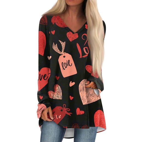 Hogleaql Womens Valentines Shirt V-Neck Comfy Long Sleeve T-Shirts Love Heart Printed Trendy Casual Loose Fit Mid-Length Top Black S