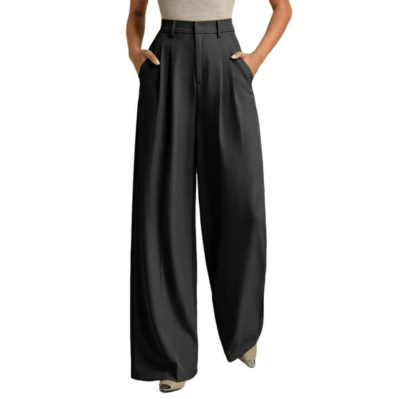 Hogleaql Womens Wide Leg Dress Pants 2025 High Waisted Work Business Slacks Button Flowy Trousers Baggy Fashion Casual Loose Fit Solid Color Pants with Pockets Dark Gray M