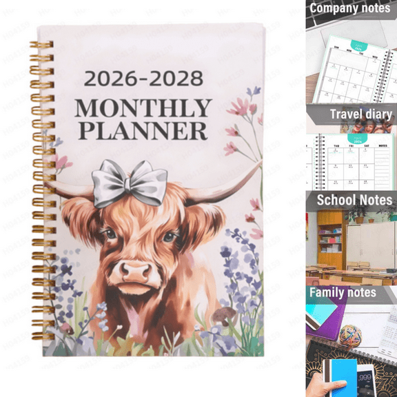 Hogloyecr 2026 Monthly Planner Highland Cow Watercolor Monthly Planner 2026-2028, For Back To School Christmas New Year Gift 1PCS