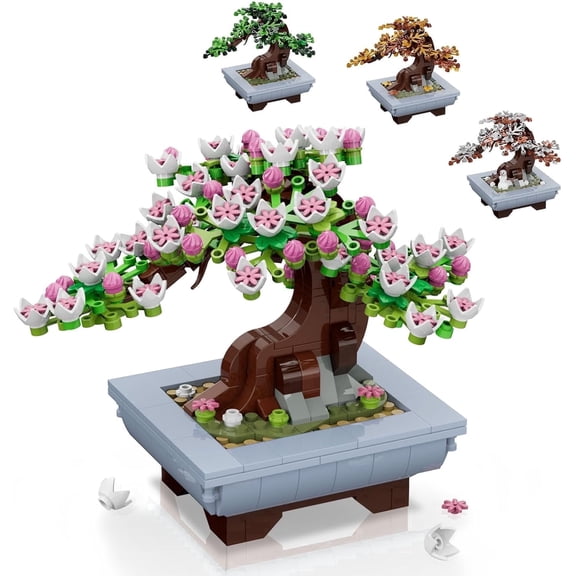 TERRAMUS 4 in 1 Four Seasons Bonsai Tree Building Set, 584 PCS Botanical Collection Cherry Blossom Brick Toy, Desk Decor Gifts Adults Kids 6+