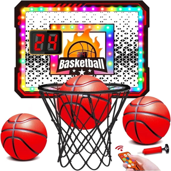 TERRAMUS Indoor Basketball Hoop with LED Lights - 6 Color Effects, Remote Control, Scoreboard & 3 Balls, Over the Door Basketball Game Toys for Boys Kids 5 to 12 Years +