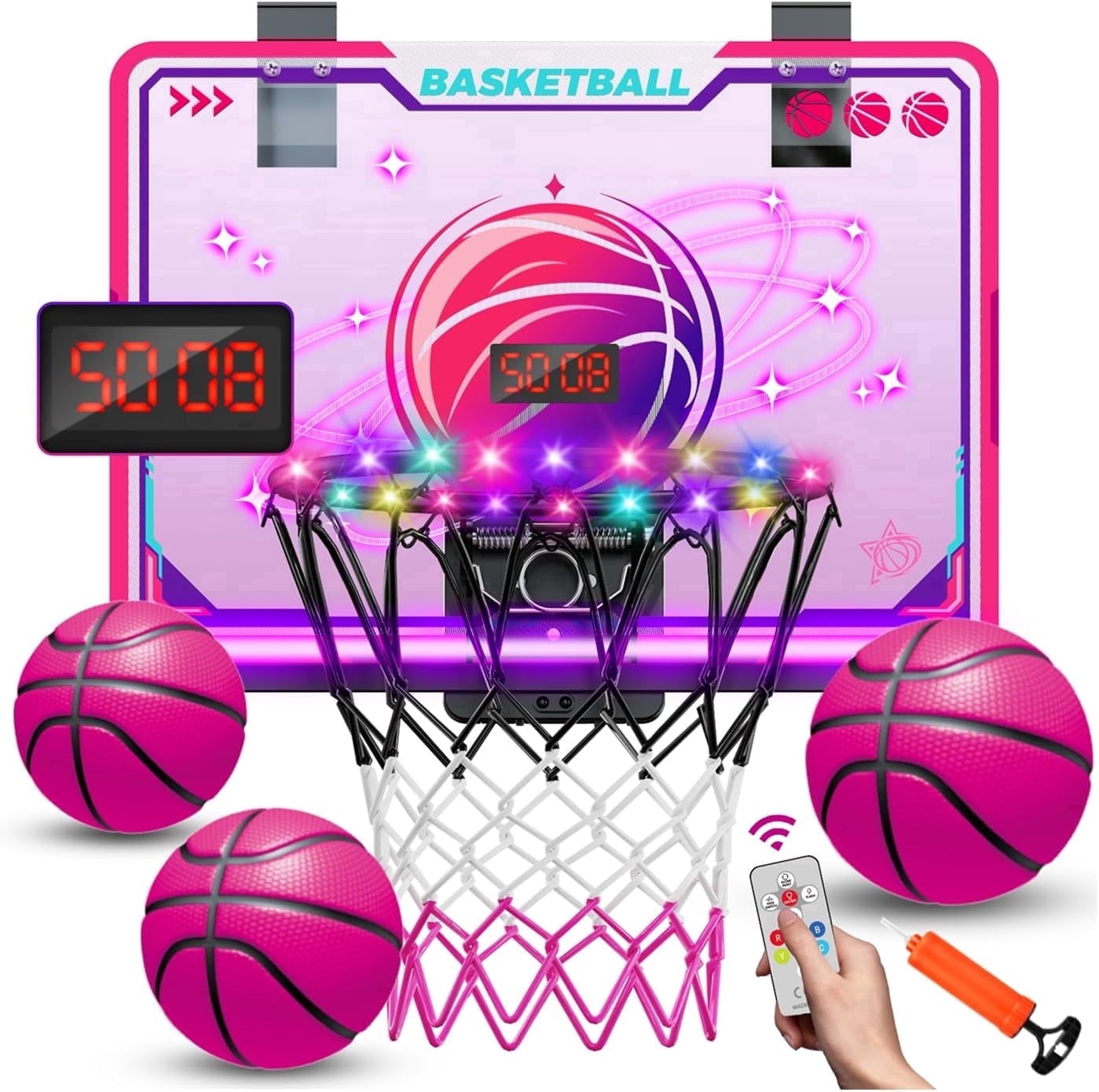TERRAMUS LED Basketball Hoop,Indoor Basketball Set with 7 Color Lights, Glowing Rim, Scoreboard, Remote Controller, and Sports Toy for Girls Boys Ages 5-12+
