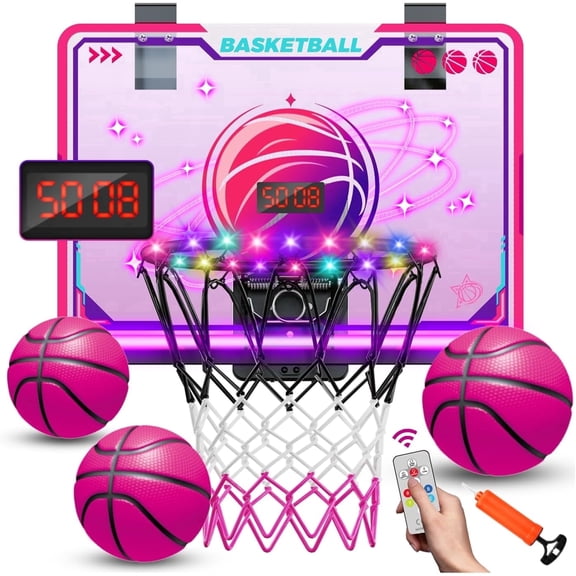 TERRAMUS LED Basketball Hoop,Indoor Basketball Set with 7 Color Lights, Glowing Rim, Scoreboard, Remote Controller, and Sports Toy for Girls Boys Ages 5-12+