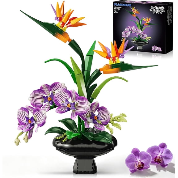 TERRAMUS Orchid Flowers Building Set for Adults, Bird of Paradise & Orchid Botanical Collection with Vase, Artificial Flower Home Office Decor, Gift for Her Women Plant Lovers (528 PCS)