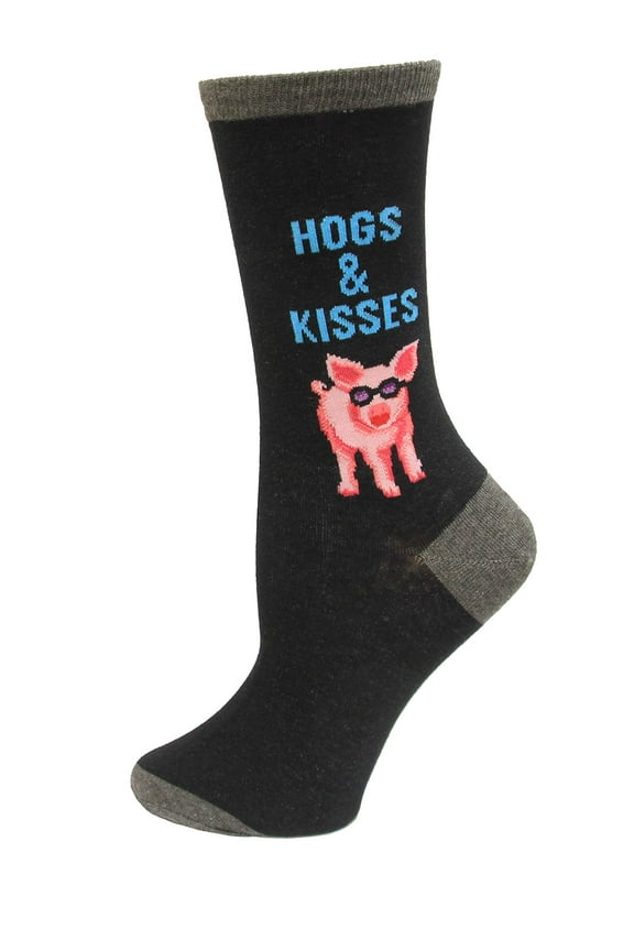 Hogs and Kisses Black Ladies Crew Socks