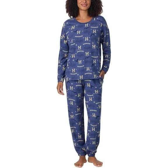 Hogwarts Harry Potter Women's Pajama Set, Long Sleeve Top and Jogger Pants, Raglan Sleeves, Navy Blue Print, 2-Piece Lounge Set (US, Alpha, Large, Regular, Regular, Blue)