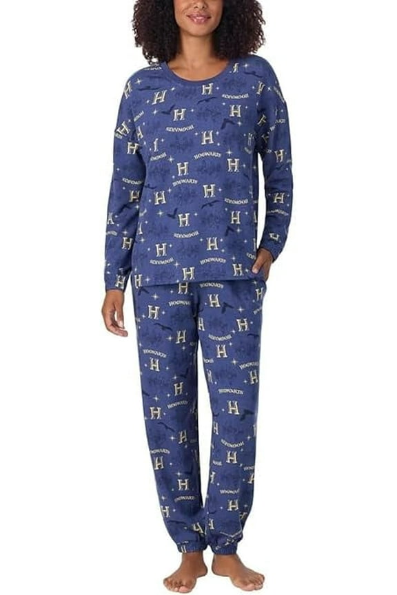 Hogwarts Harry Potter Women's Pajama Set, Long Sleeve Top and Jogger Pants, Raglan Sleeves, Navy Blue Print, 2-Piece Lounge Set (US, Alpha, Large, Regular, Regular, Blue)