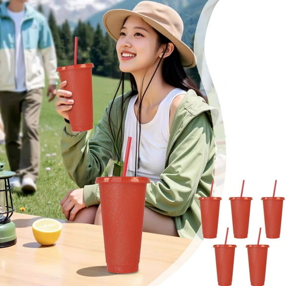 Hohaski 5 Sets of 710ml Singles Layer Glitter Straw Cups Beverage Fruit Tea Plastic Cups Temperature Sensitive Straws Coffee Cups