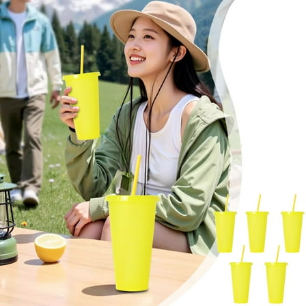 Hohaski 5 Sets of 710ml Singles Layer Glitter Straw Cups Beverage Fruit Tea Plastic Cups Temperature Sensitive Straws Coffee Cups