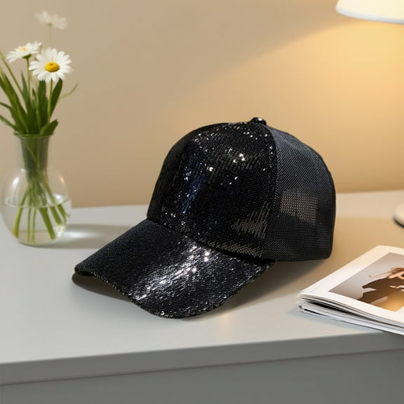 Hohaski Sequin Baseball Cap Glitter Adjustable Mesh Sun Hat Breathable Travel Korean Style Fashion Party Cap for Women