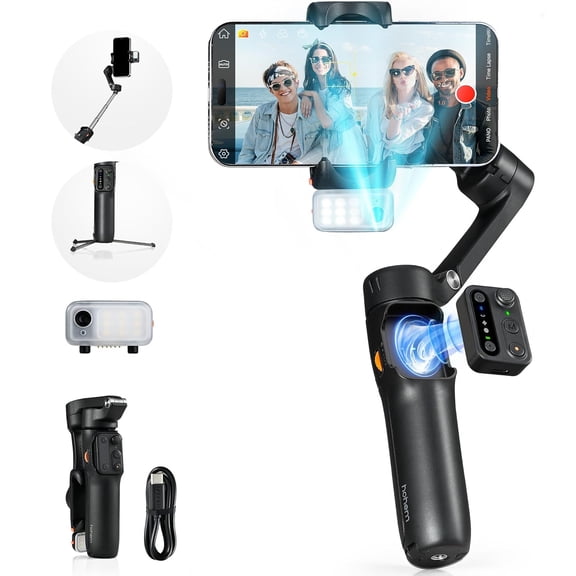 Hohem iSteady V3 Gimbal Stabilizer for Smartphone, Phone Gimbal with Magnetic AI Tracker, Built-in Extension Rod, Tripod, Fill Light, Phone Stabilizer for Video Recording, YouTube, White
