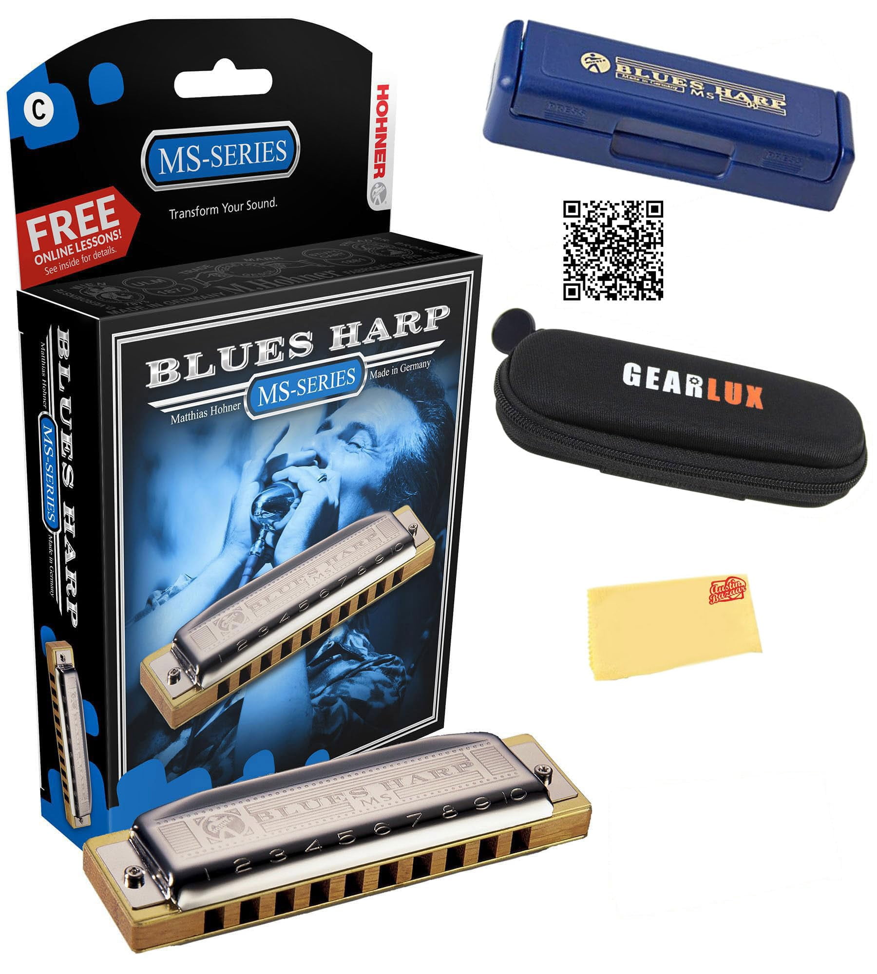 Hohner 532 Blues Harp MS Harmonica - Key of C Bundle with Case, Pouch, Austin Bazaar Online Manual, and Polishing Cloth