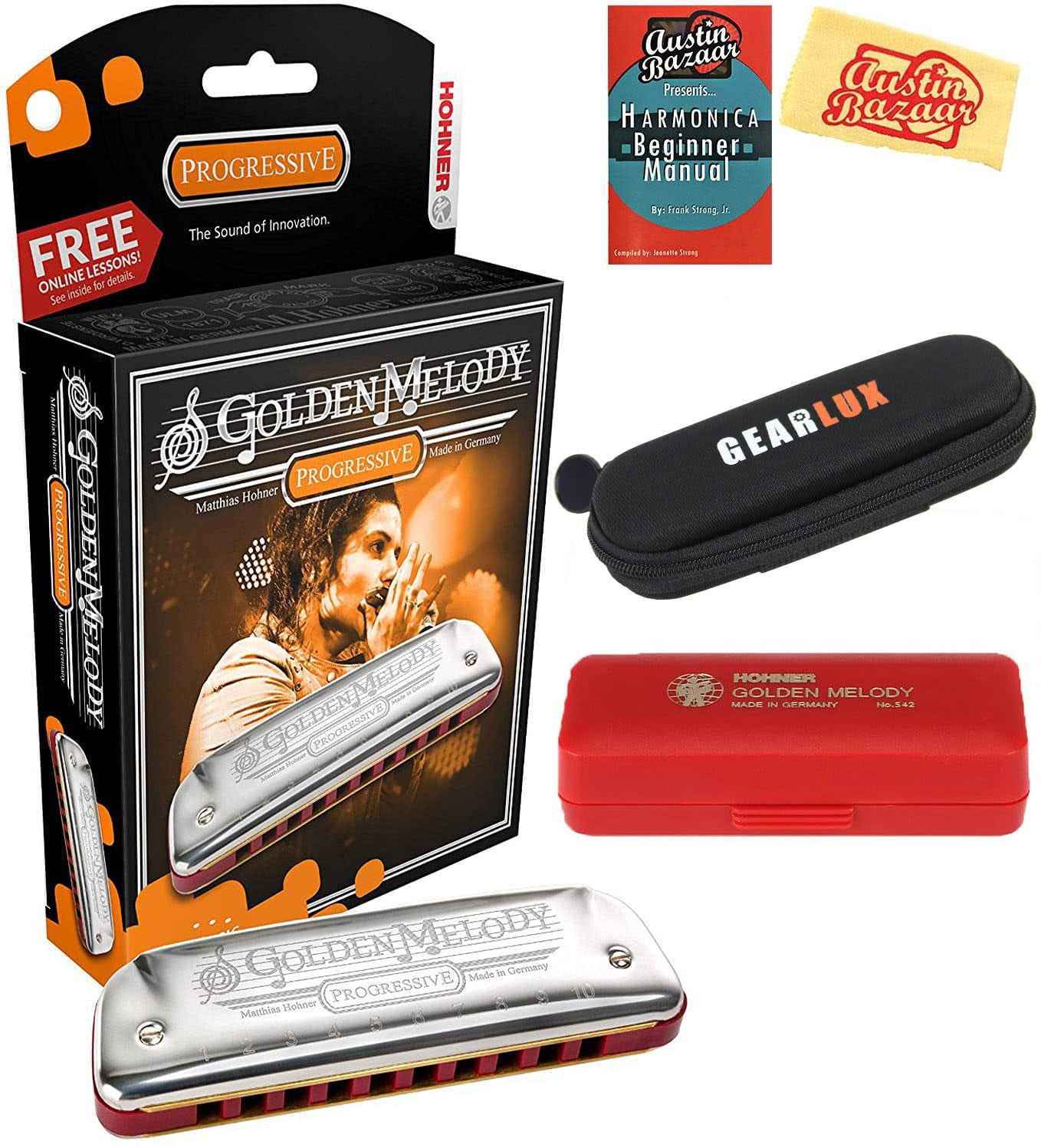 Hohner 544 Golden Melody Harmonica Bundle with Carrying Case, Pouch, Harmonica Beginner Manual, and Austin Bazaar Polishing Cloth - Key of A