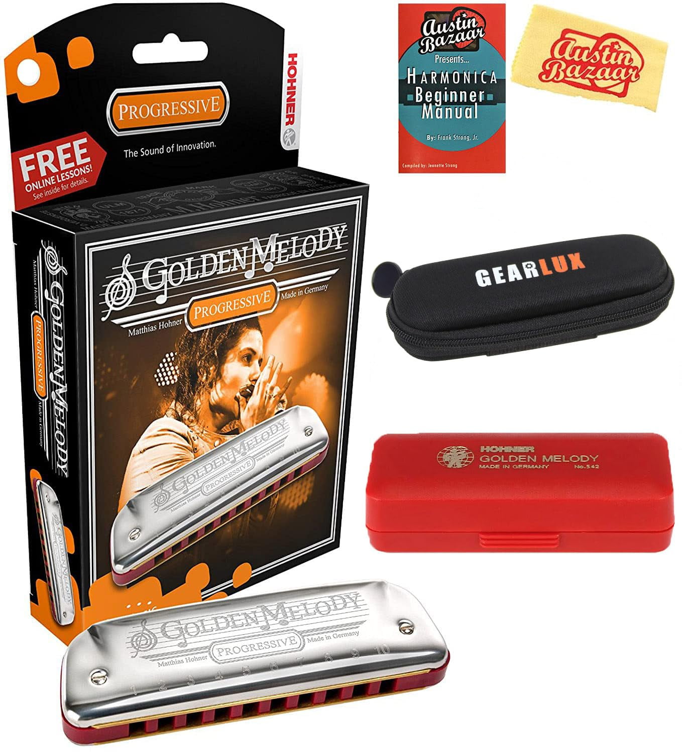 Hohner 544 Golden Melody Harmonica Bundle with Carrying Case, Pouch, Harmonica Beginner Manual, and Austin Bazaar Polishing Cloth - Key of D