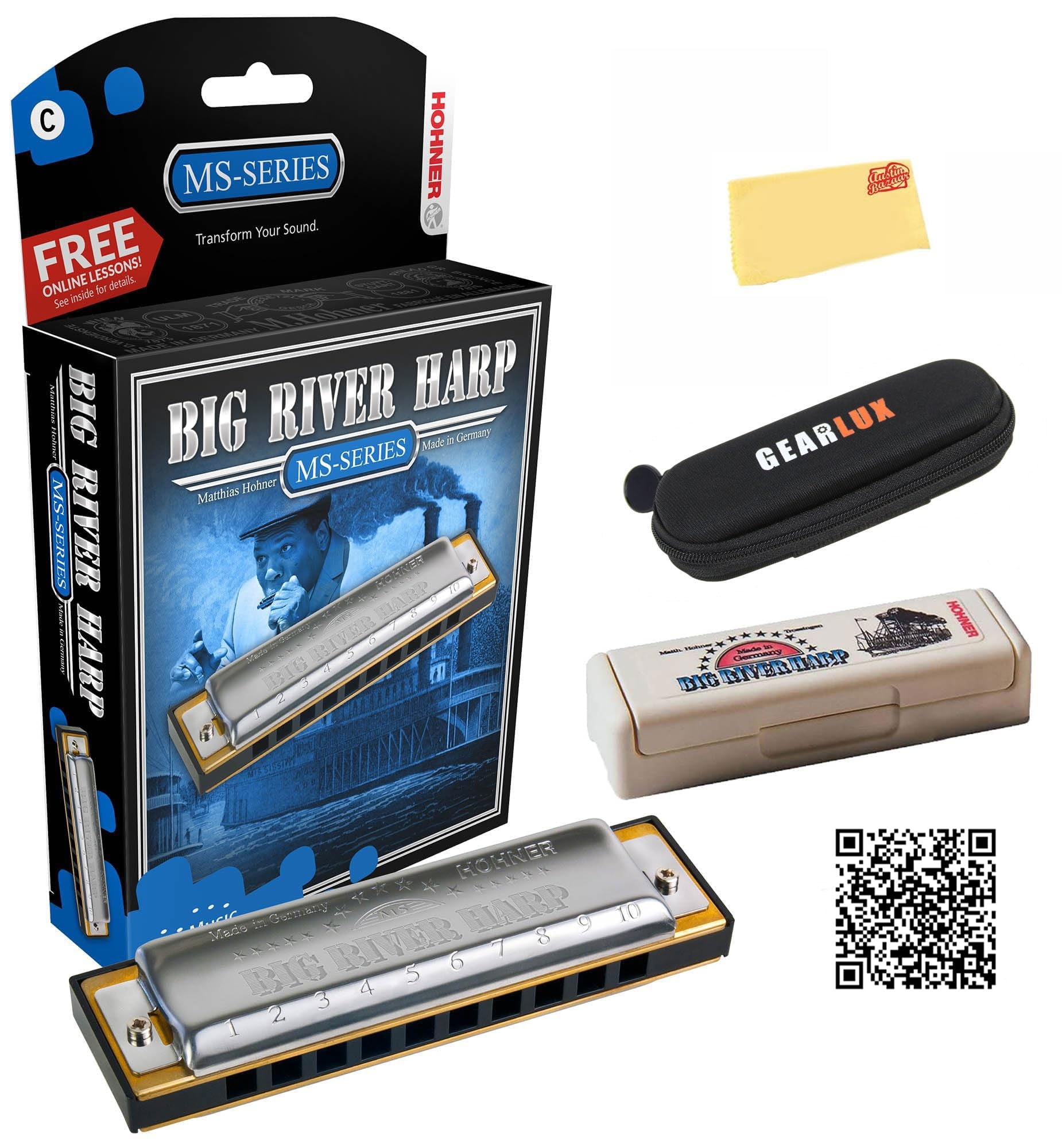 Hohner Big River Harmonica - Key of G Bundle with Case, Pouch, Online Manual, and Austin Bazaar Polishing Cloth