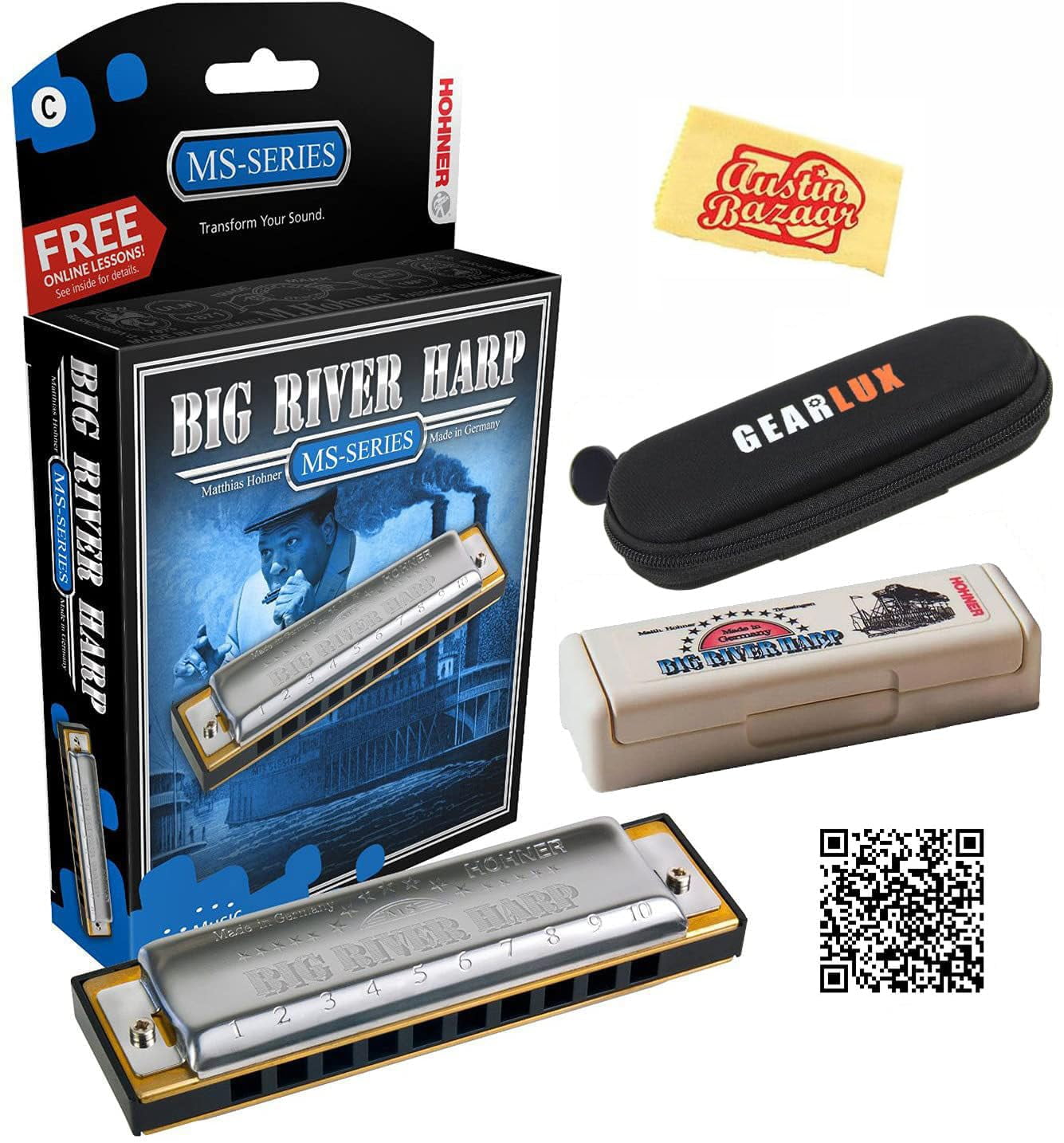 Hohner Big River Harp MS Harmonica - Key of A Bundle with Case, Pouch, Online Manual, and Austin Bazaar Polishing Cloth