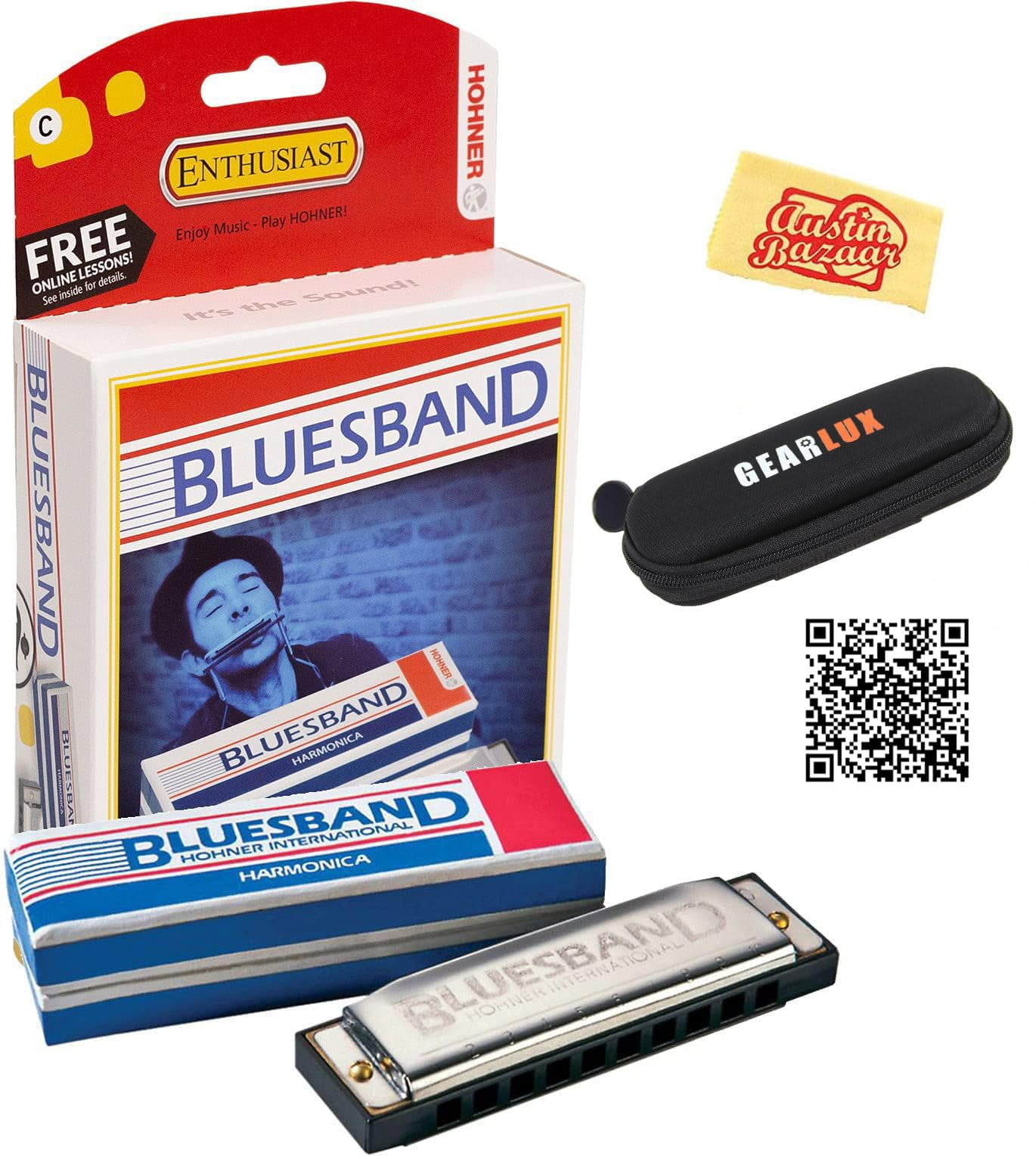 Hohner Blues Band Harmonica - Key of C Bundle with Case, Pouch, Online Manual, and Austin Bazaar Polishing Cloth