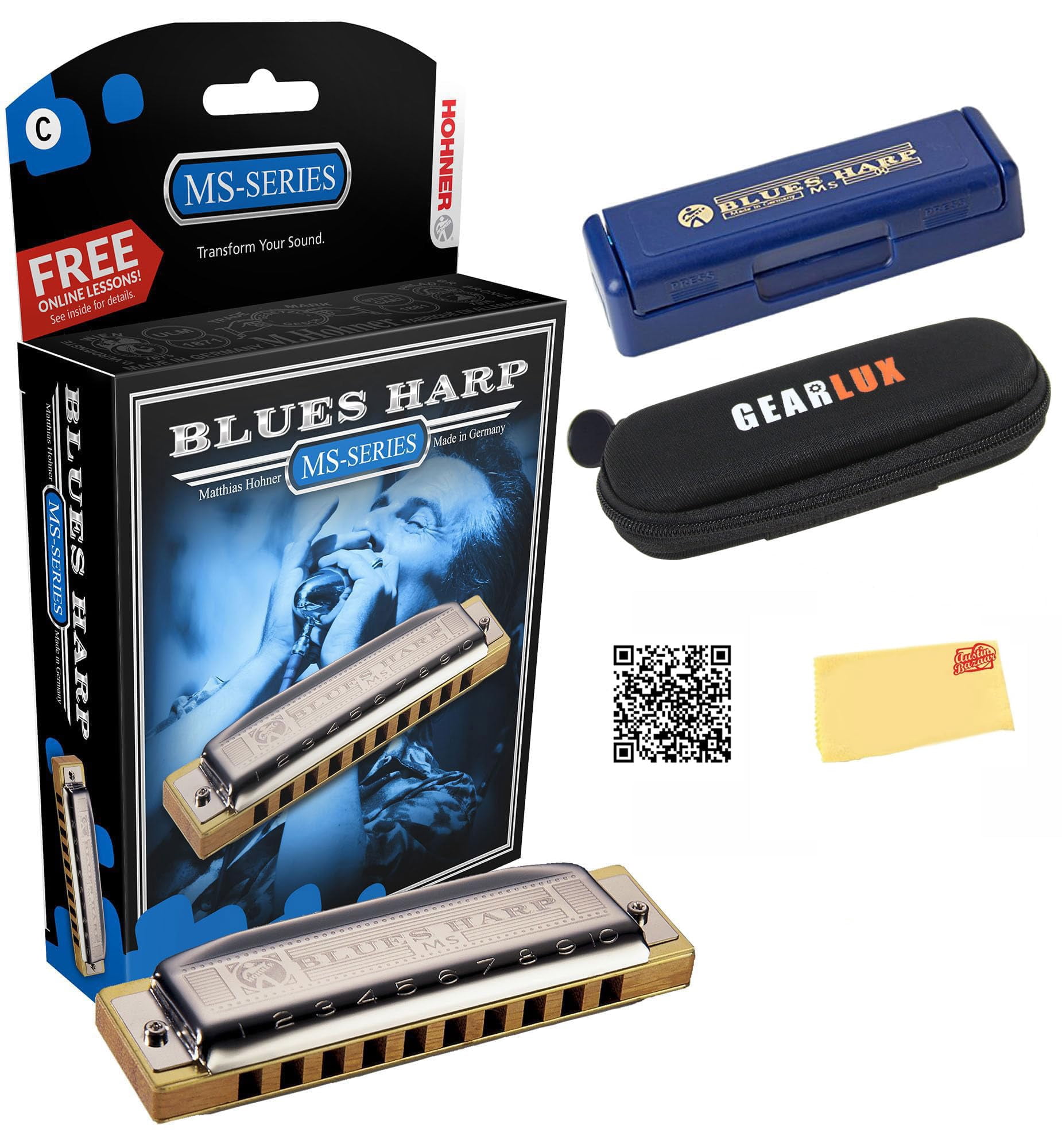 Hohner Blues Band Harmonica - Keys of G, C, A Bundle with Case, Pouch, Online Manual, and Austin Bazaar Polishing Cloth