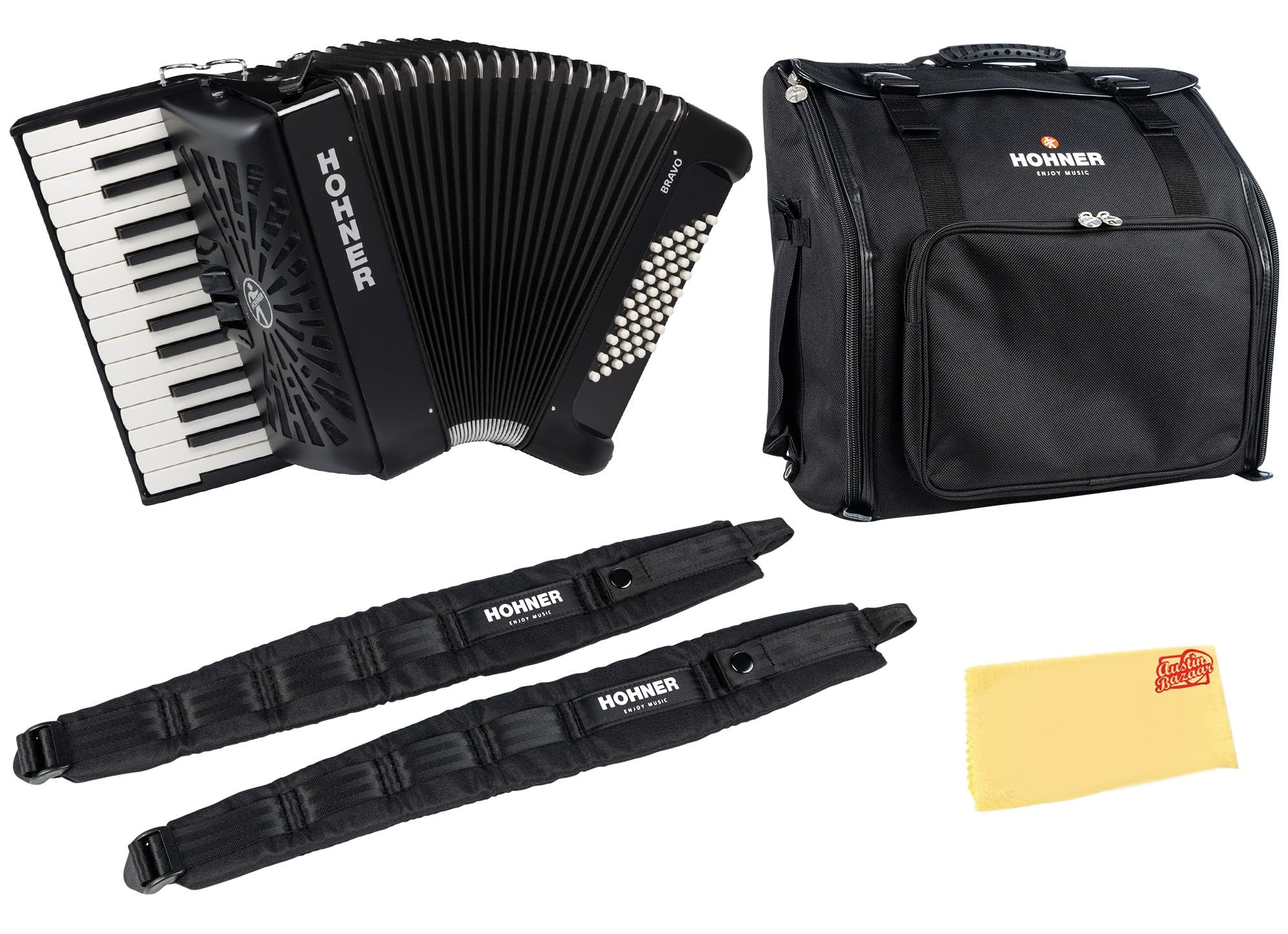 Hohner Bravo II 48 Chromatic Piano Key Accordion - Black Bundle with Gig Bag, Adjustable Straps, and Austin Bazaar Polishing Cloth