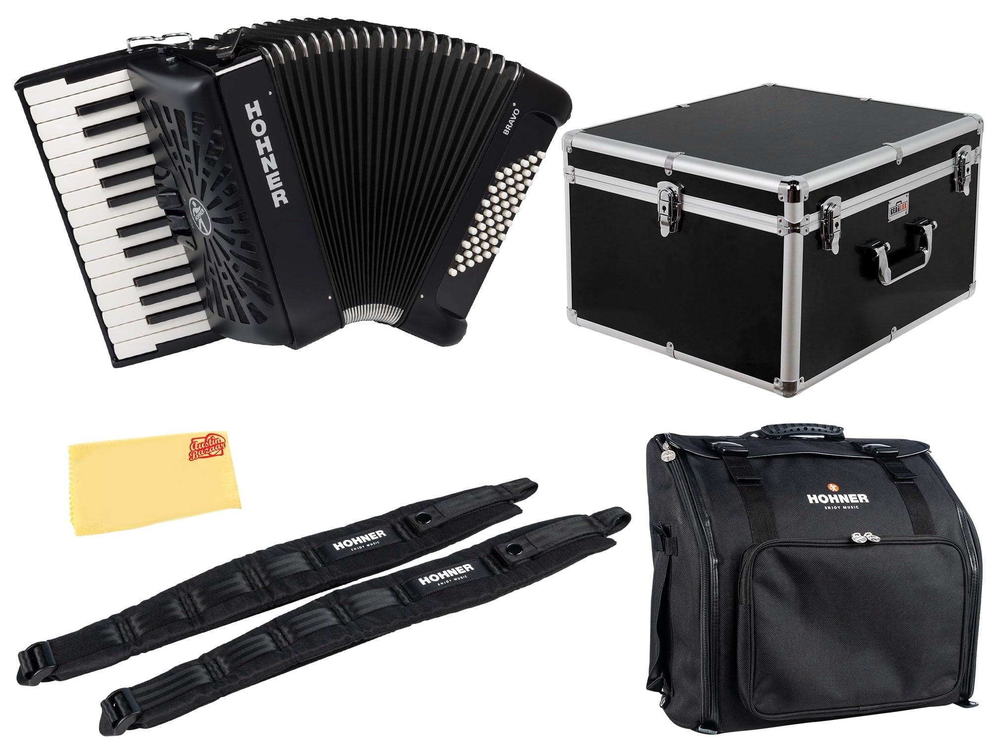 Hohner Bravo II 48 Chromatic Piano Key Accordion - Black Bundle with Hard Case, Gig Bag, Adjustable Straps, and Austin Bazaar Polishing cloth