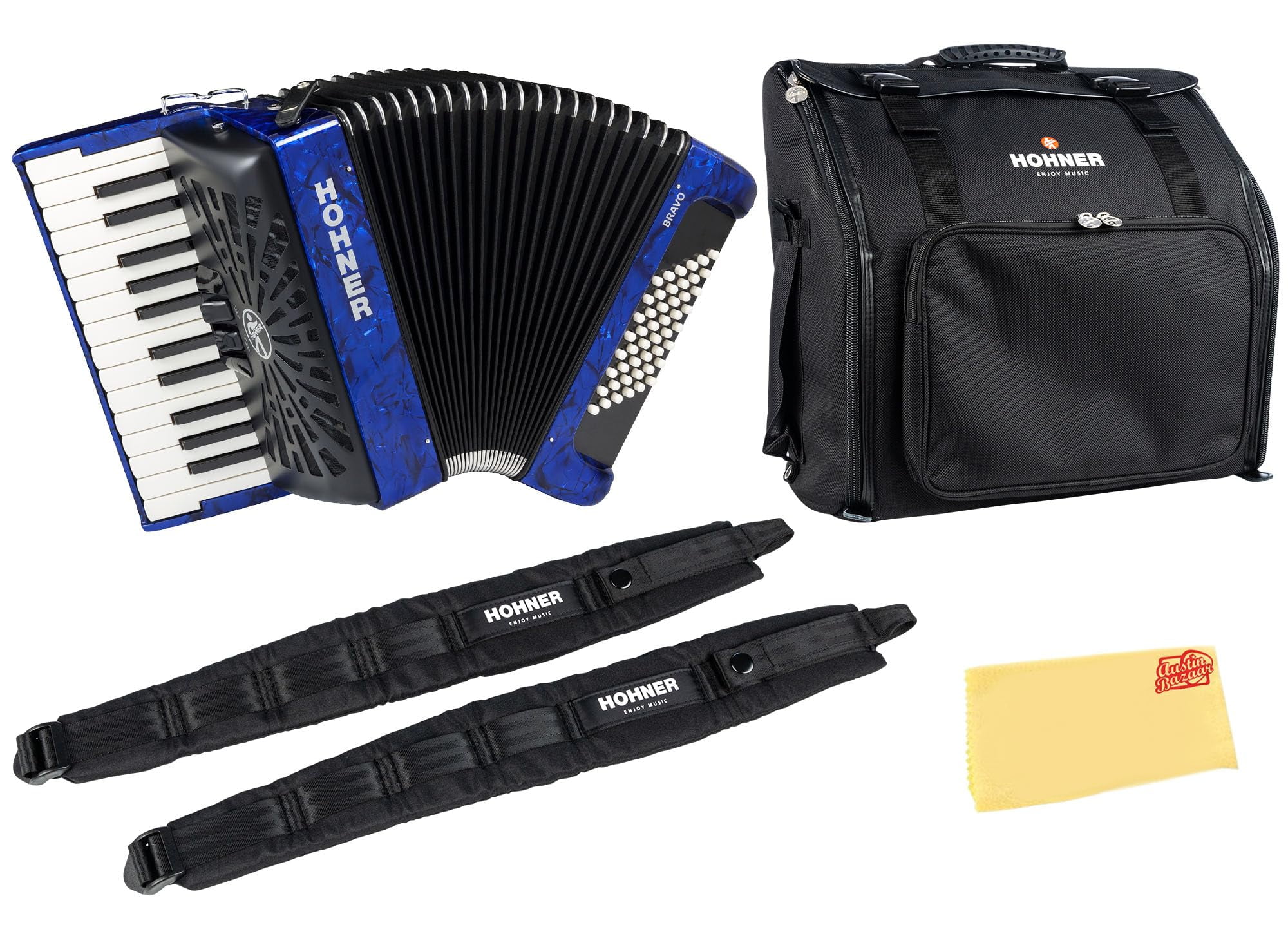 Hohner Bravo II 48 Chromatic Piano Key Accordion - Blue Bundle with Gig Bag, Adjustable Straps, and Austin Bazaar Polishing Cloth