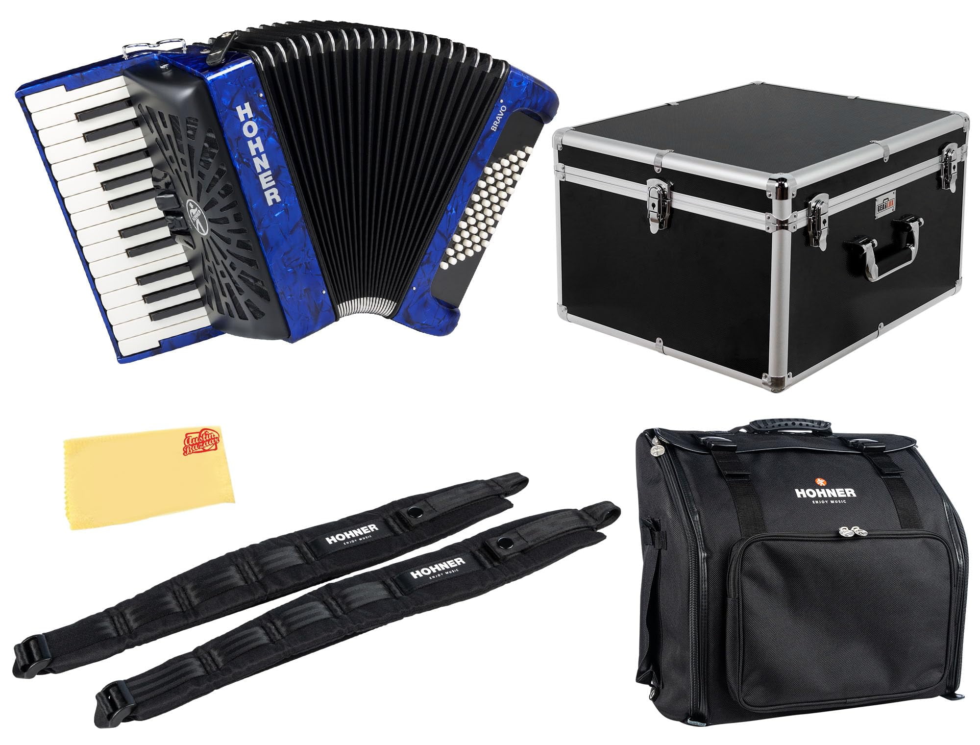 Hohner Bravo II 48 Chromatic Piano Key Accordion - Blue Bundle with Hard Case, Gig Bag, Adjustable Straps, and Austin Bazaar Polishing cloth