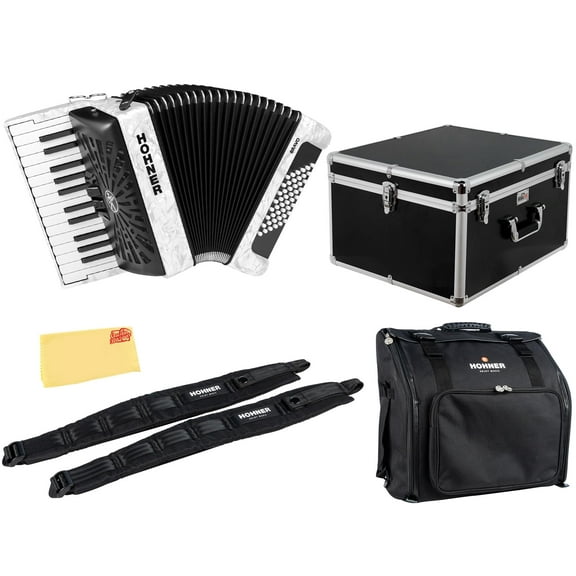 Hohner Bravo II 48 Chromatic Piano Key Accordion - White Bundle with Hard Case, Gig Bag, Adjustable Straps, and Austin Bazaar Polishing cloth