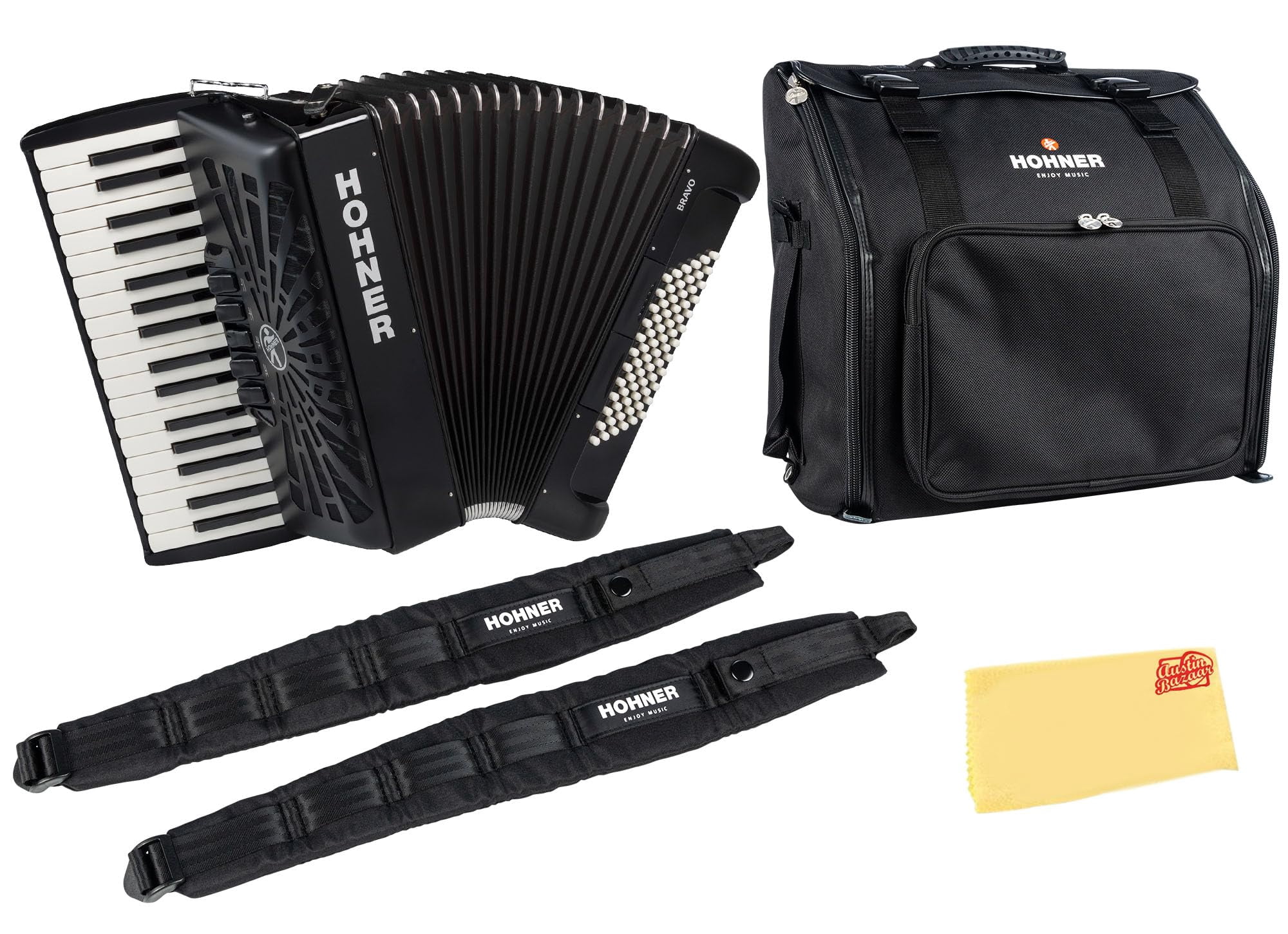Hohner Bravo III 72 Chromatic Piano Key Accordion - Black Bundle with Gig Bag, Adjustable Straps, and Austin Bazaar Polishing Cloth