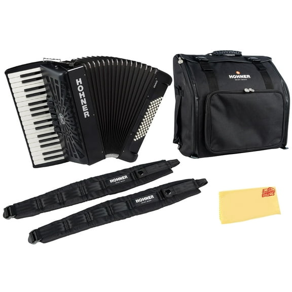 Hohner Bravo III 72 Chromatic Piano Key Accordion - Black Bundle with Gig Bag, Adjustable Straps, and Austin Bazaar Polishing Cloth