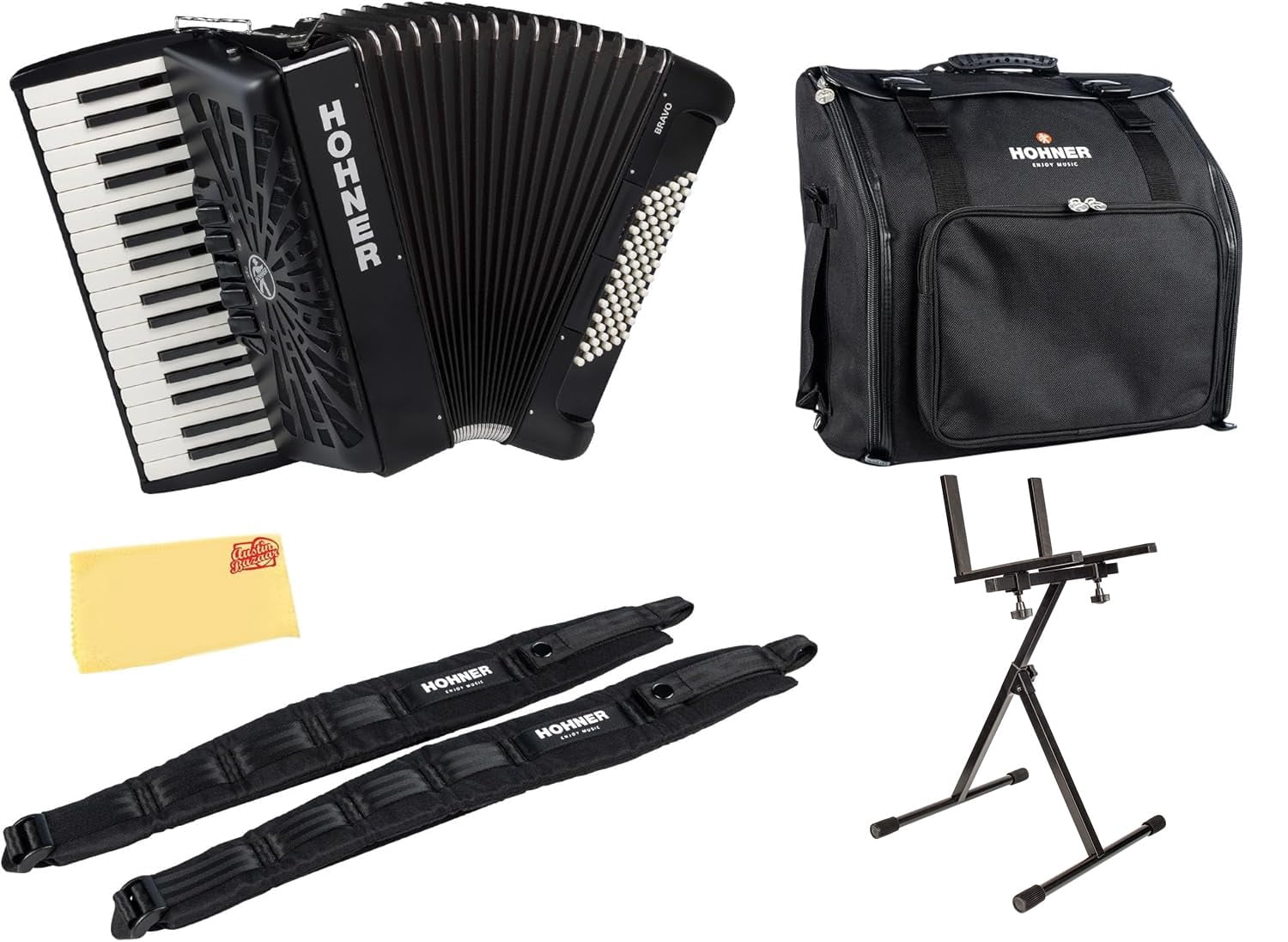 Hohner Bravo III 72 Chromatic Piano Key Accordion - Black Bundle with Gig Bag, Stand, Adjustable Straps, and Austin Bazaar Polishing cloth