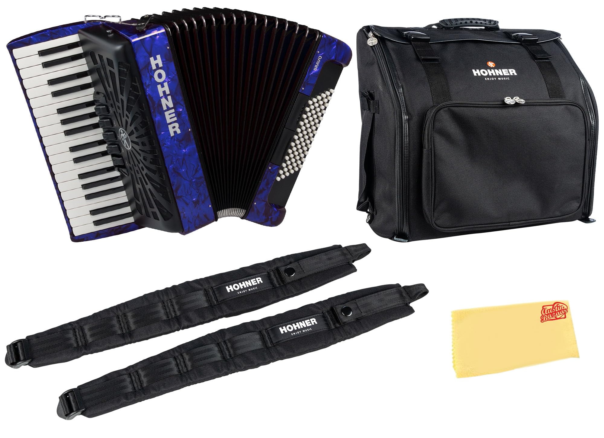 Hohner Bravo III 72 Chromatic Piano Key Accordion - Blue Bundle with Gig Bag, Adjustable Straps, and Austin Bazaar Polishing Cloth