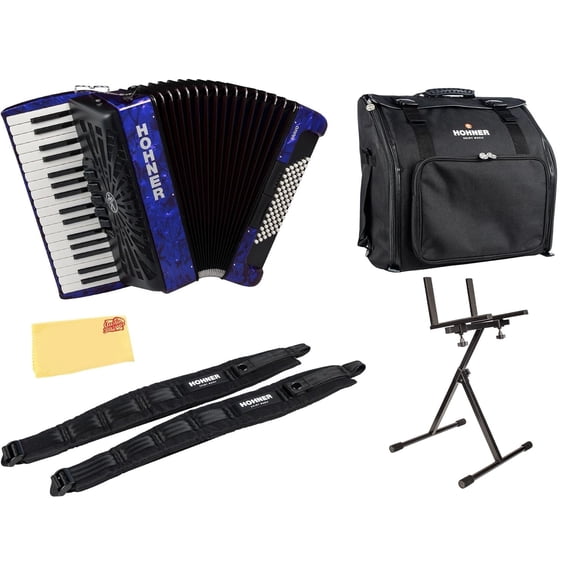 Hohner Bravo III 72 Chromatic Piano Key Accordion - Blue Bundle with Gig Bag, Stand, Adjustable Straps, and Austin Bazaar Polishing cloth