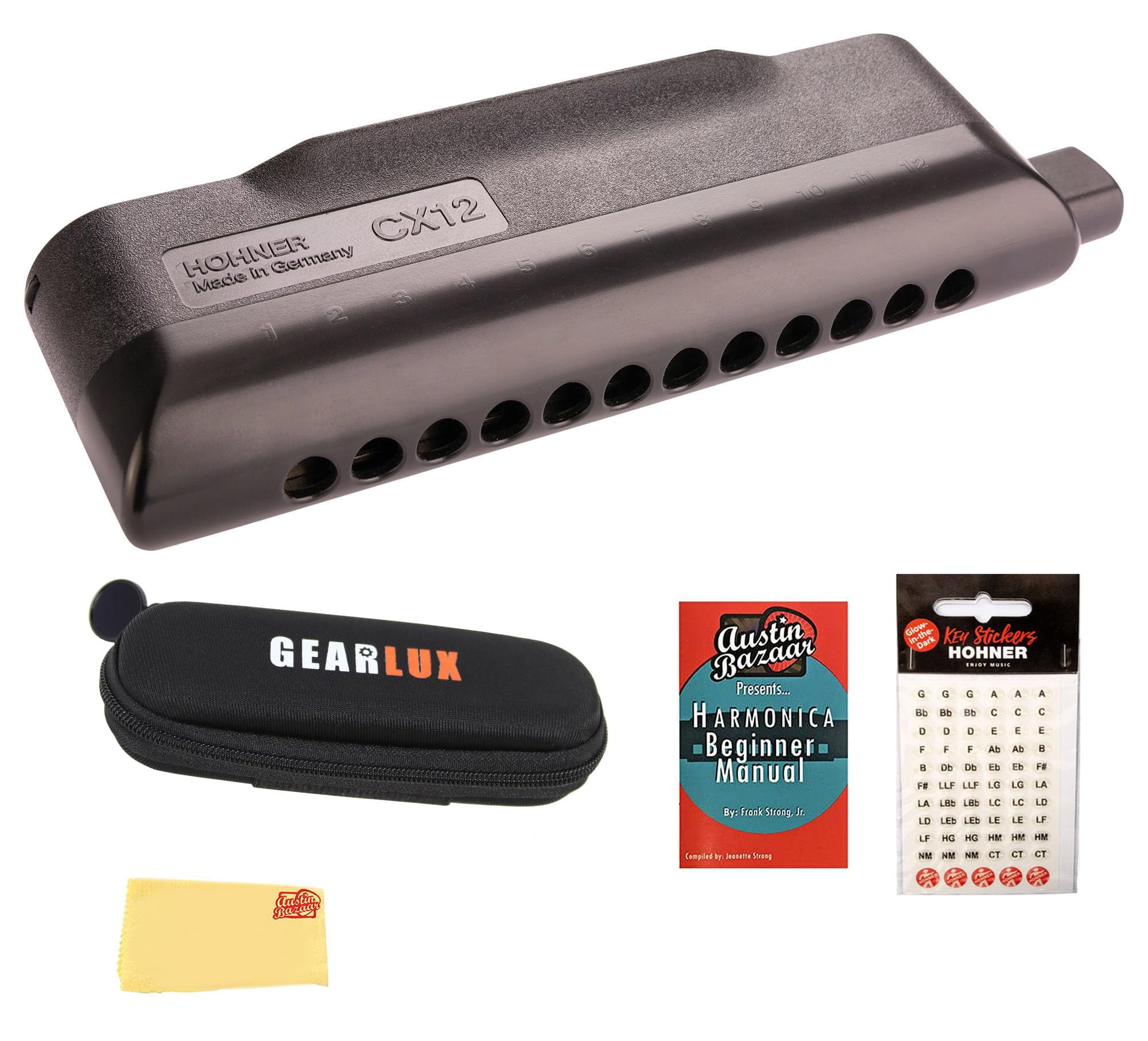 Hohner CX-12 Black Harmonica - Key of Bb Bundle with Zip Pouch, Key Stickers, Instructional Manual and Austin Bazaar Polishing Cloth